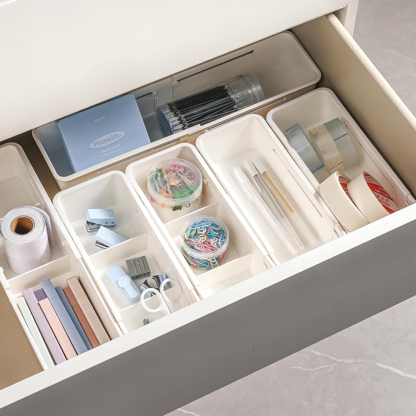 Drawer Organizers, Expandable Desk Drawer Organizer Plastic Storage Bins, Dresser Organizer for Nursery,Bathroom, Kitchen, Makeup, Office, White, 4 Pack,2L,2M