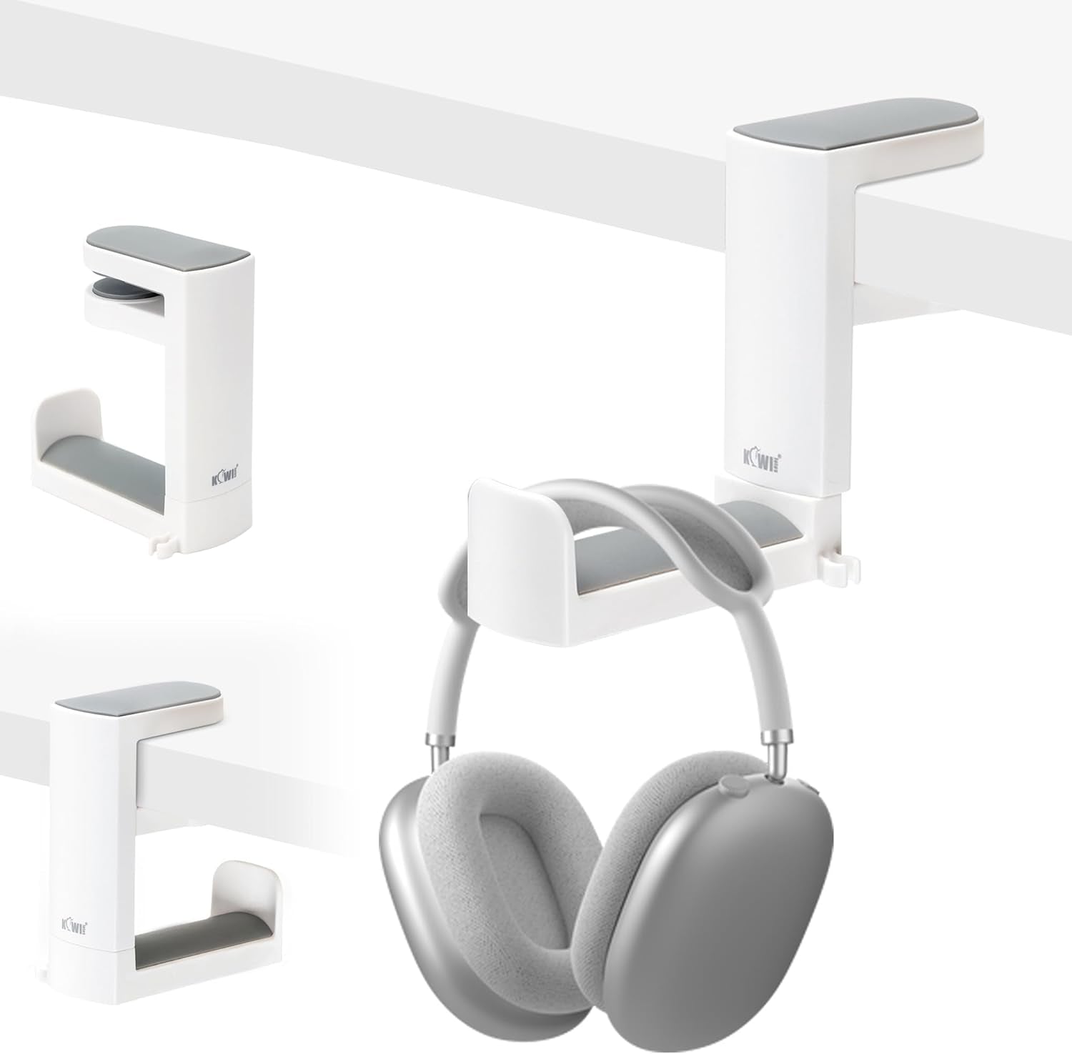 Headphone Stand Holder under Desk, PC Gaming Headset Hook Hanger Mount with 360 Adjustable Rotating Arm Clamp & Built in Cable Clip - White