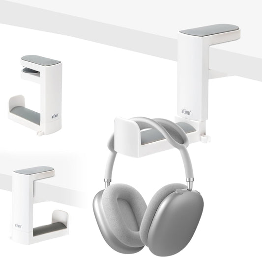 Headphone Stand Holder under Desk, PC Gaming Headset Hook Hanger Mount with 360 Adjustable Rotating Arm Clamp & Built in Cable Clip - White