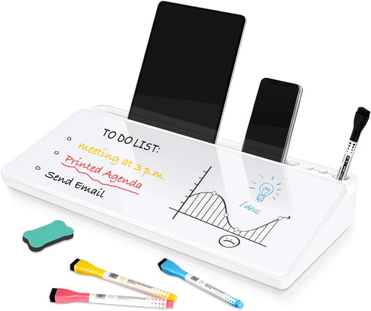 Glass Desk Whiteboard Small Dry Erase Board Desktop White Board with Storage Drawer Computer Keyboard Stand Desk Organizer Office Accessories Back to School Supplies with 4 Markers, White