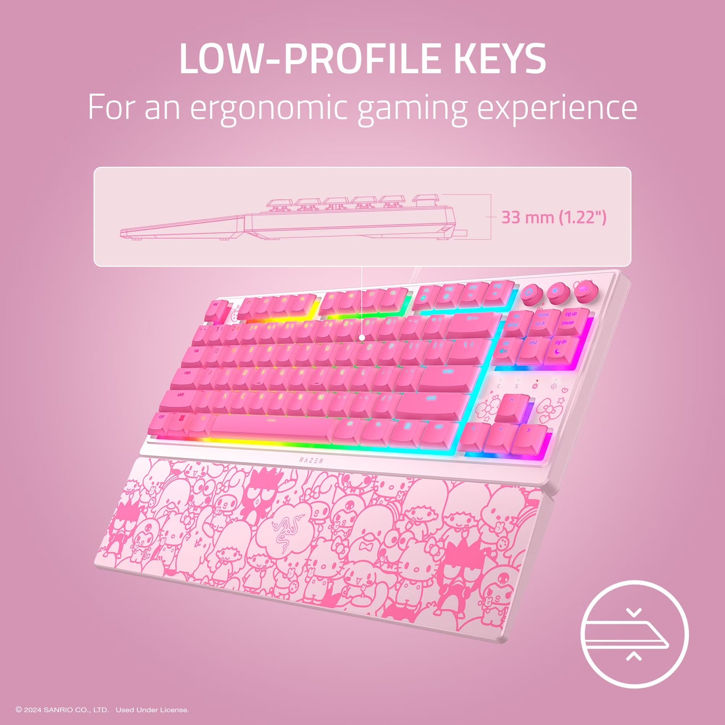 Ornata V3 TKL Low-Profile Membrane USB Wired Gaming Keyboard, Hello Kitty & Friends