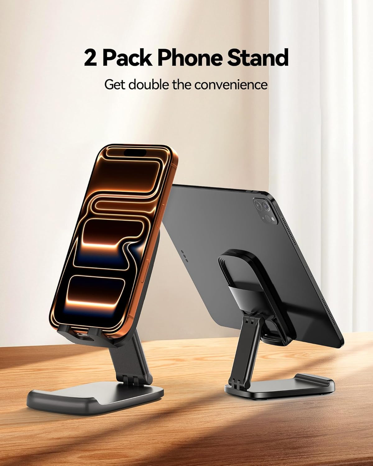 2 Pack Cell Phone Stand for Desk, Ipad Stand [Height Adjustable & Upgraded Stable Base] Foldable & Non-Slip Silicone Pad Phone Holder, Iphone Stand for All Smartphones, Ipad | Office Desk Accessories