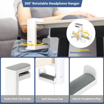Headphone Stand Holder under Desk, PC Gaming Headset Hook Hanger Mount with 360 Adjustable Rotating Arm Clamp & Built in Cable Clip - White