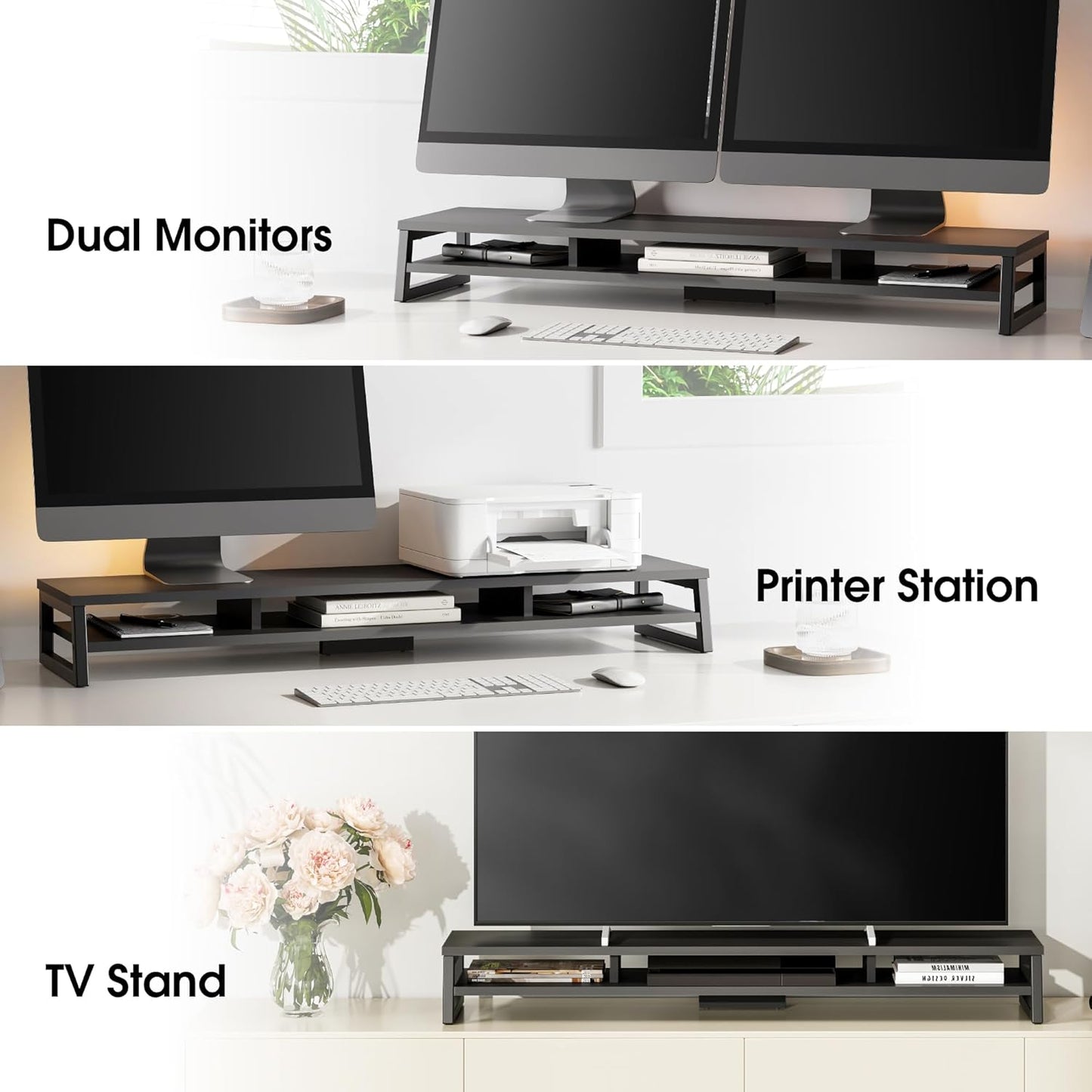 Dual Monitor Stand for Desk, 42.5In Large Monitor Riser for 2 Monitors, 2 Tier Computer Office Desk Top Shelf, Desktop Storage Stand for Laptop, PC, Computer, Printer