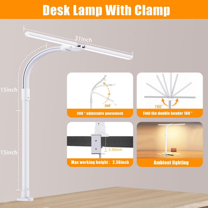 Led Desk Lamp for Home Office,24W Bright Eye-Caring Desk Light with Clamp,5 Brightness and 5 Temperatures Dimmable Workbench Task Light, Adjustable Gooseneck Table Lamp for Monitor Study(White)