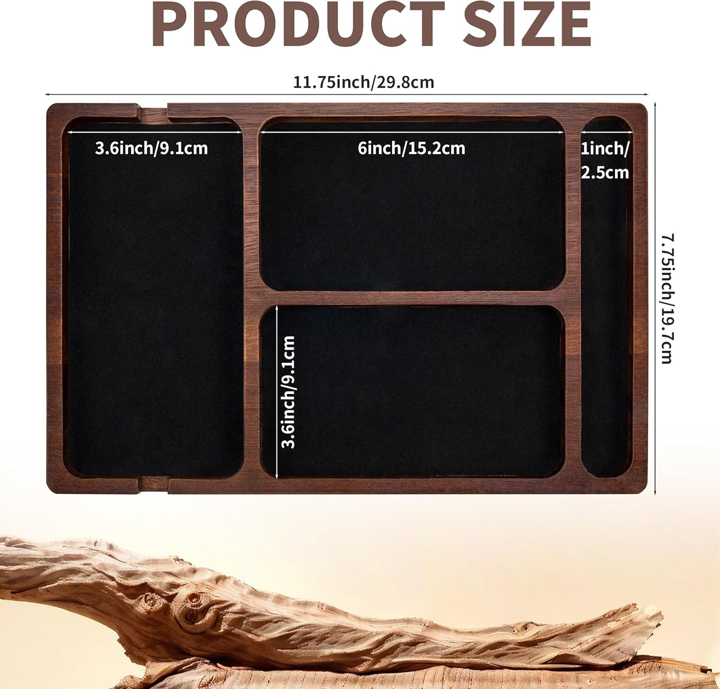 Valet Tray, Multi-Space Acacia Wood Leather Surface Desk Organizer Tray with Charging Assistance Port for Office or Study Room, Nightstand Organizer for EDC, Store Phone, Watch, Wallet, Keys, Jewelry