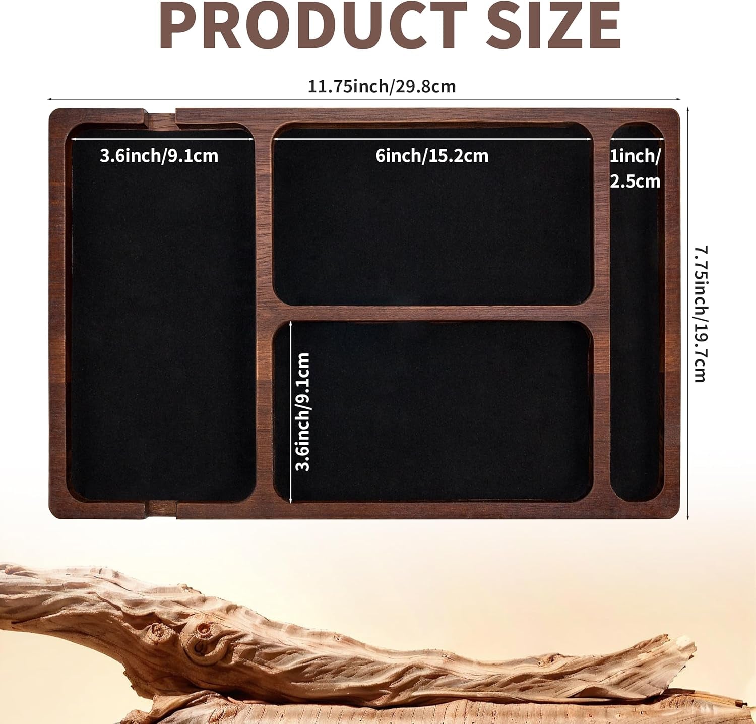 Valet Tray, Multi-Space Acacia Wood Leather Surface Desk Organizer Tray with Charging Assistance Port for Office or Study Room, Nightstand Organizer for EDC, Store Phone, Watch, Wallet, Keys, Jewelry