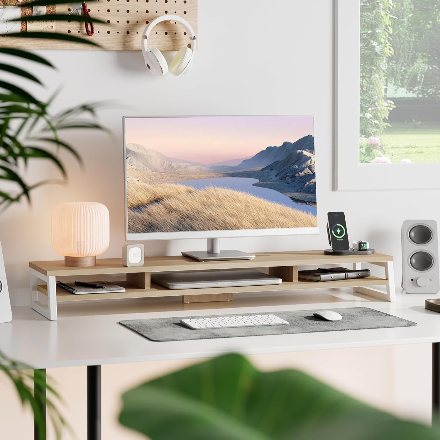 Dual Monitor Stand for Desk, 42.5In Large Monitor Riser for 2 Monitors, 2 Tier Computer Office Desk Top Shelf, Desktop Storage Stand for Laptop, PC, Computer, Printer