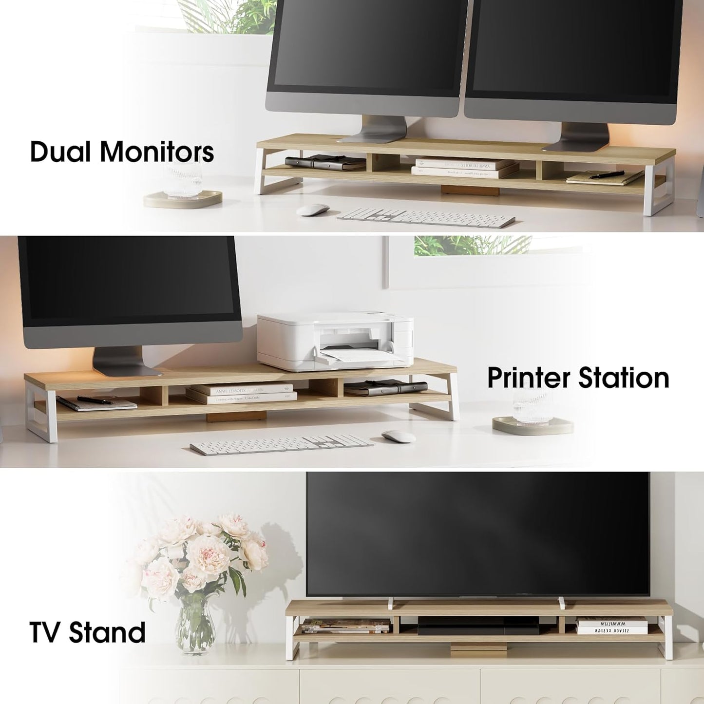 Dual Monitor Stand for Desk, 42.5In Large Monitor Riser for 2 Monitors, 2 Tier Computer Office Desk Top Shelf, Desktop Storage Stand for Laptop, PC, Computer, Printer