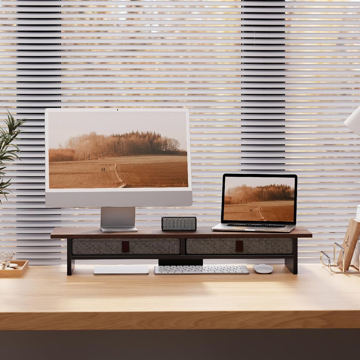 Monitor Stand with Drawer, 2 Tiers Dual Monitor Riser for Desk, 35 Inch Computer Stand for 2 Monitors, Desk Shelf for Home, Office, Laptop, PC, TV, Printer