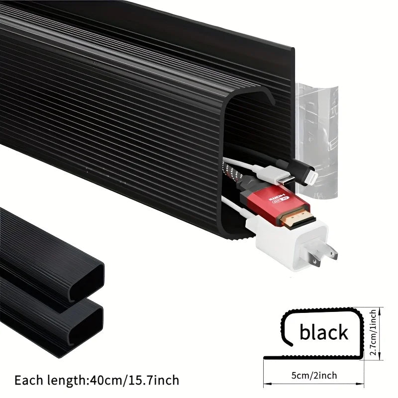 [Sleek Cable Tray] 2Pcs Sleek Black Self-Adhesive Under-Desk Cable Tray | PVC Invisible Slot Organizer， No-Drill Installation