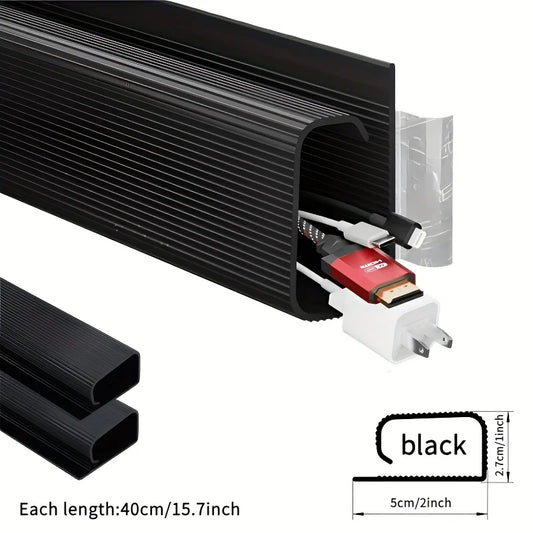 [Sleek Cable Tray] 2Pcs Sleek Black Self-Adhesive Under-Desk Cable Tray | PVC Invisible Slot Organizer， No-Drill Installation