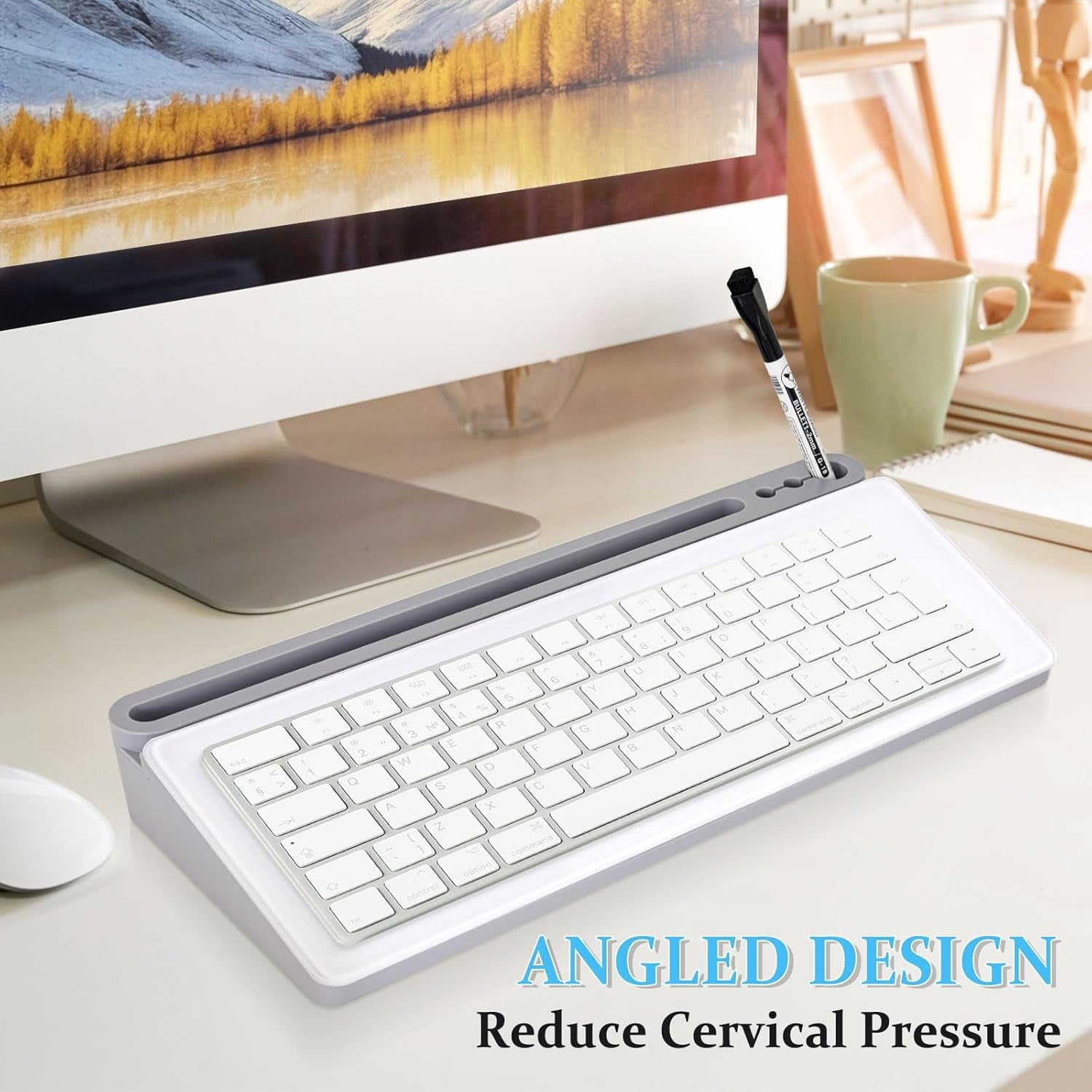 Glass Desk Whiteboard Small Dry Erase Board Desktop White Board with Storage Drawer Computer Keyboard Stand Desk Organizer Office Accessories School Supplies with 4 Markers 1 Eraser, Grey
