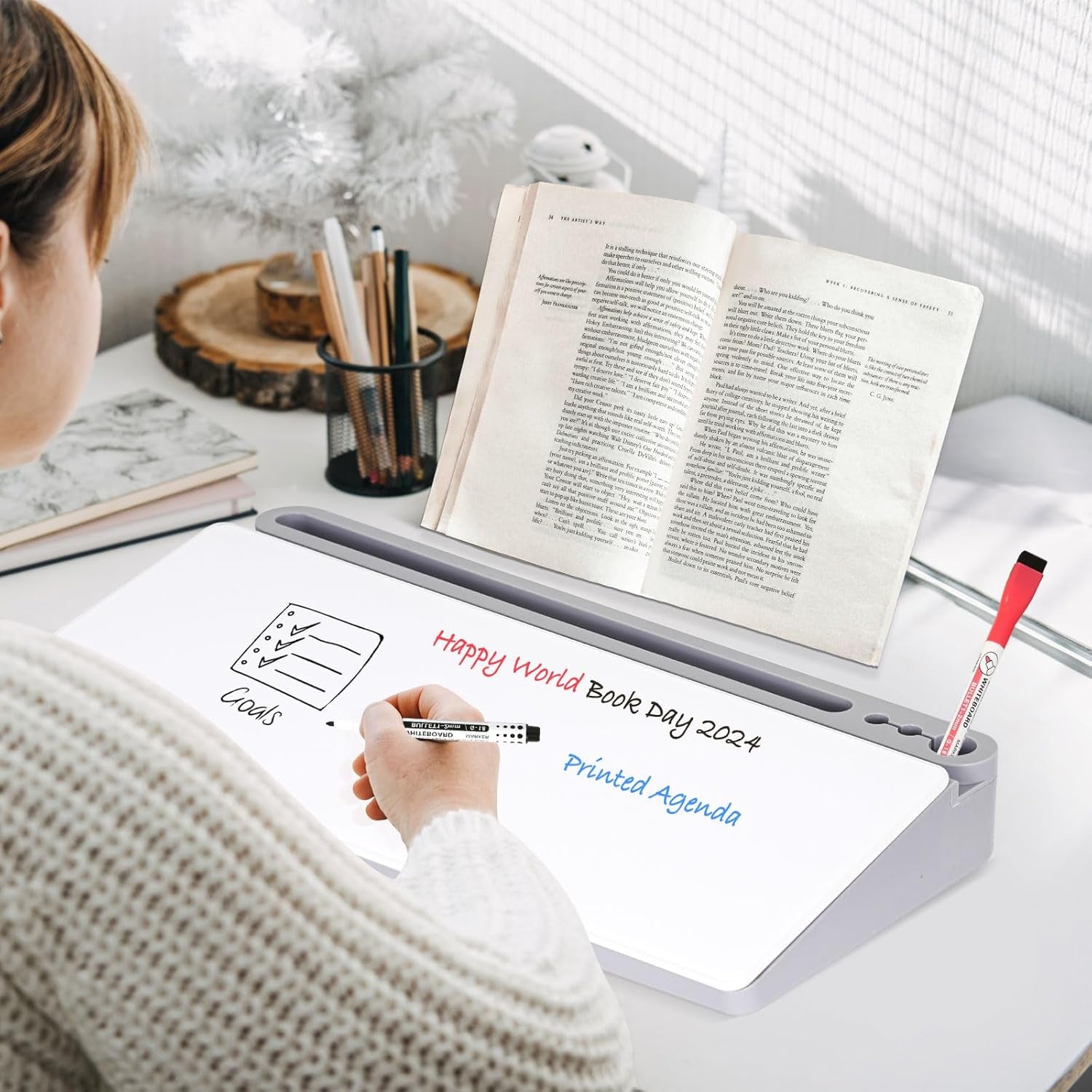 Glass Desk Whiteboard Small Dry Erase Board Desktop White Board with Storage Drawer Computer Keyboard Stand Desk Organizer Office Accessories School Supplies with 4 Markers 1 Eraser, Grey