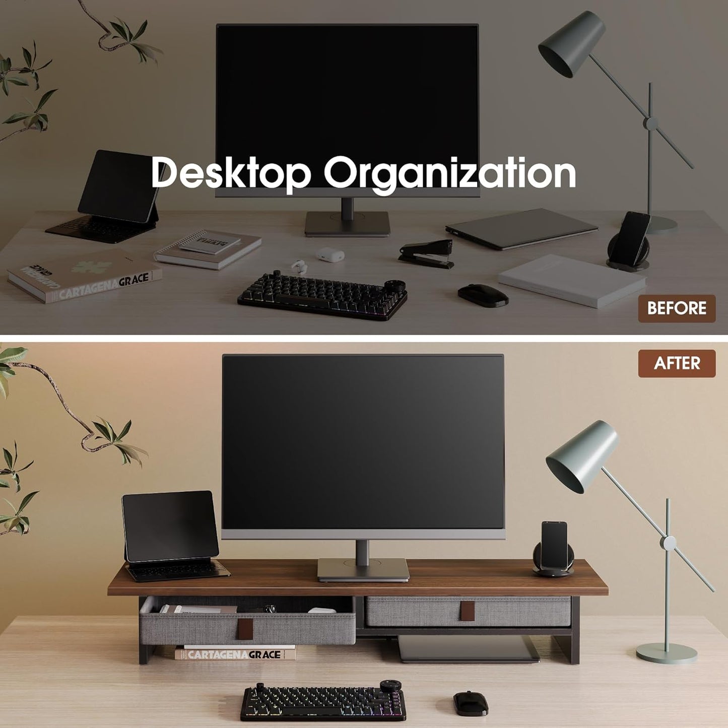 Monitor Stand with Drawer, 2 Tiers Dual Monitor Riser for Desk, 35 Inch Computer Stand for 2 Monitors, Desk Shelf for Home, Office, Laptop, PC, TV, Printer