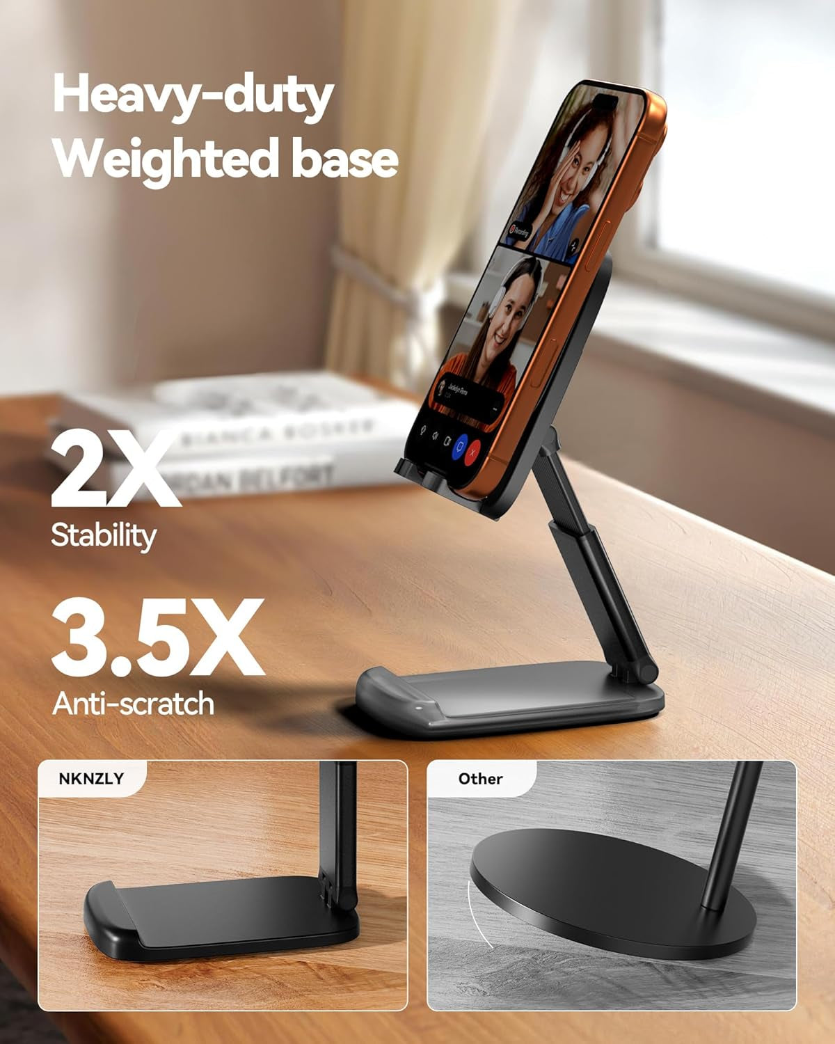 2 Pack Cell Phone Stand for Desk, Ipad Stand [Height Adjustable & Upgraded Stable Base] Foldable & Non-Slip Silicone Pad Phone Holder, Iphone Stand for All Smartphones, Ipad | Office Desk Accessories