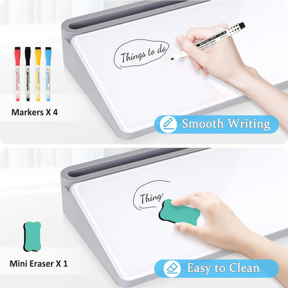 Glass Desk Whiteboard Small Dry Erase Board Desktop White Board with Storage Drawer Computer Keyboard Stand Desk Organizer Office Accessories School Supplies with 4 Markers 1 Eraser, Grey