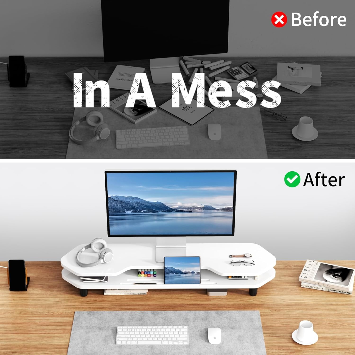 2 Tier Dual Monitor Stand Riser,Wider Board Computer Monitor Stand for 2 Monitors,Slot for Phone/Tablet Office Desktop Organizer for Laptop,Pc,Computer,Printer,White