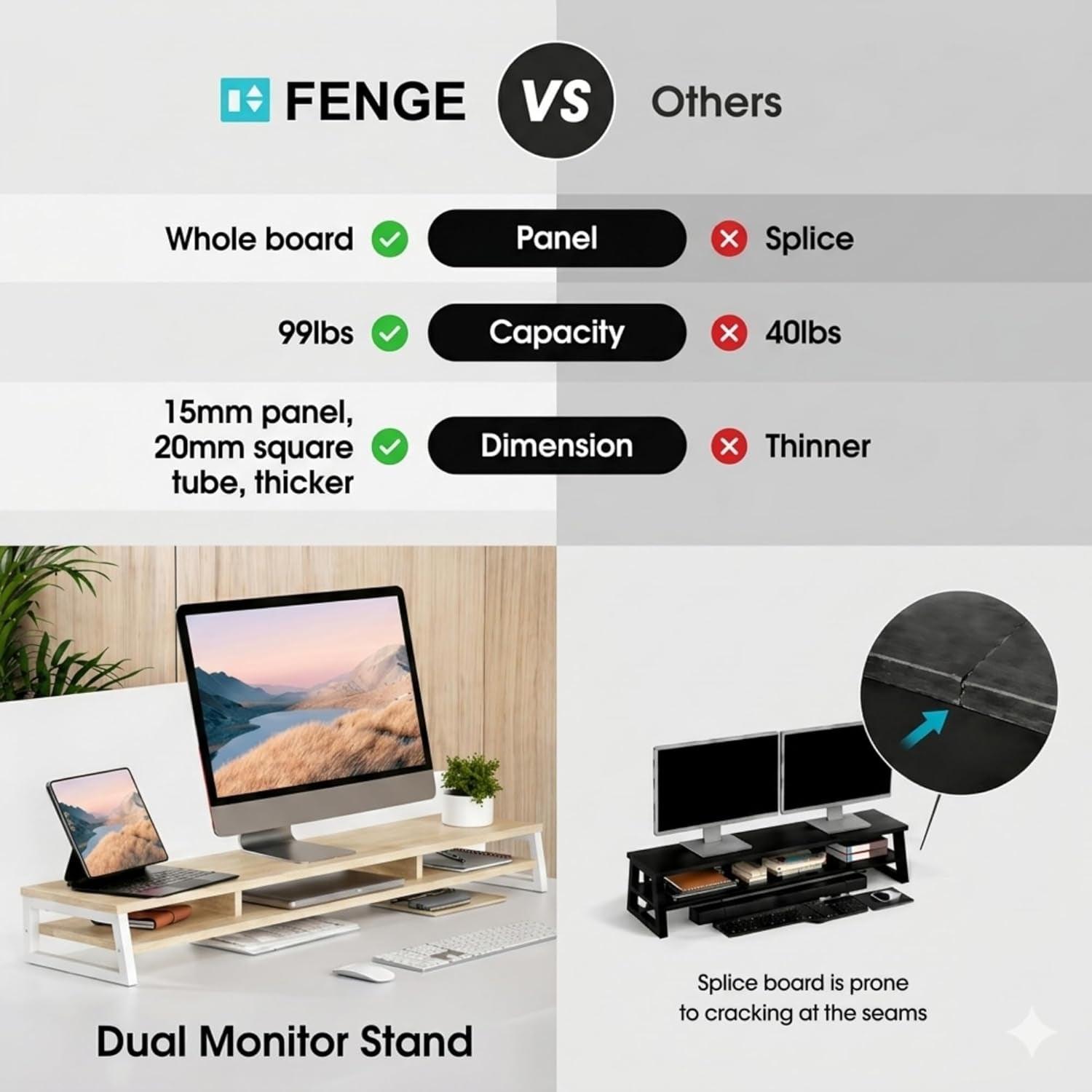 Dual Monitor Stand for Desk, 42.5In Large Monitor Riser for 2 Monitors, 2 Tier Computer Office Desk Top Shelf, Desktop Storage Stand for Laptop, PC, Computer, Printer