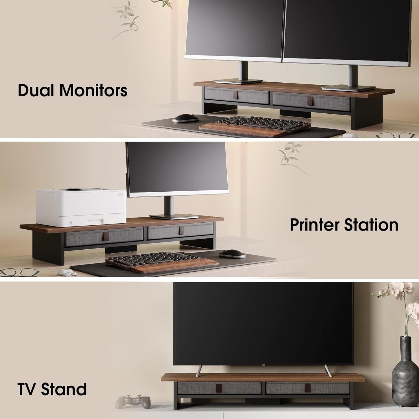 Monitor Stand with Drawer, 2 Tiers Dual Monitor Riser for Desk, 35 Inch Computer Stand for 2 Monitors, Desk Shelf for Home, Office, Laptop, PC, TV, Printer