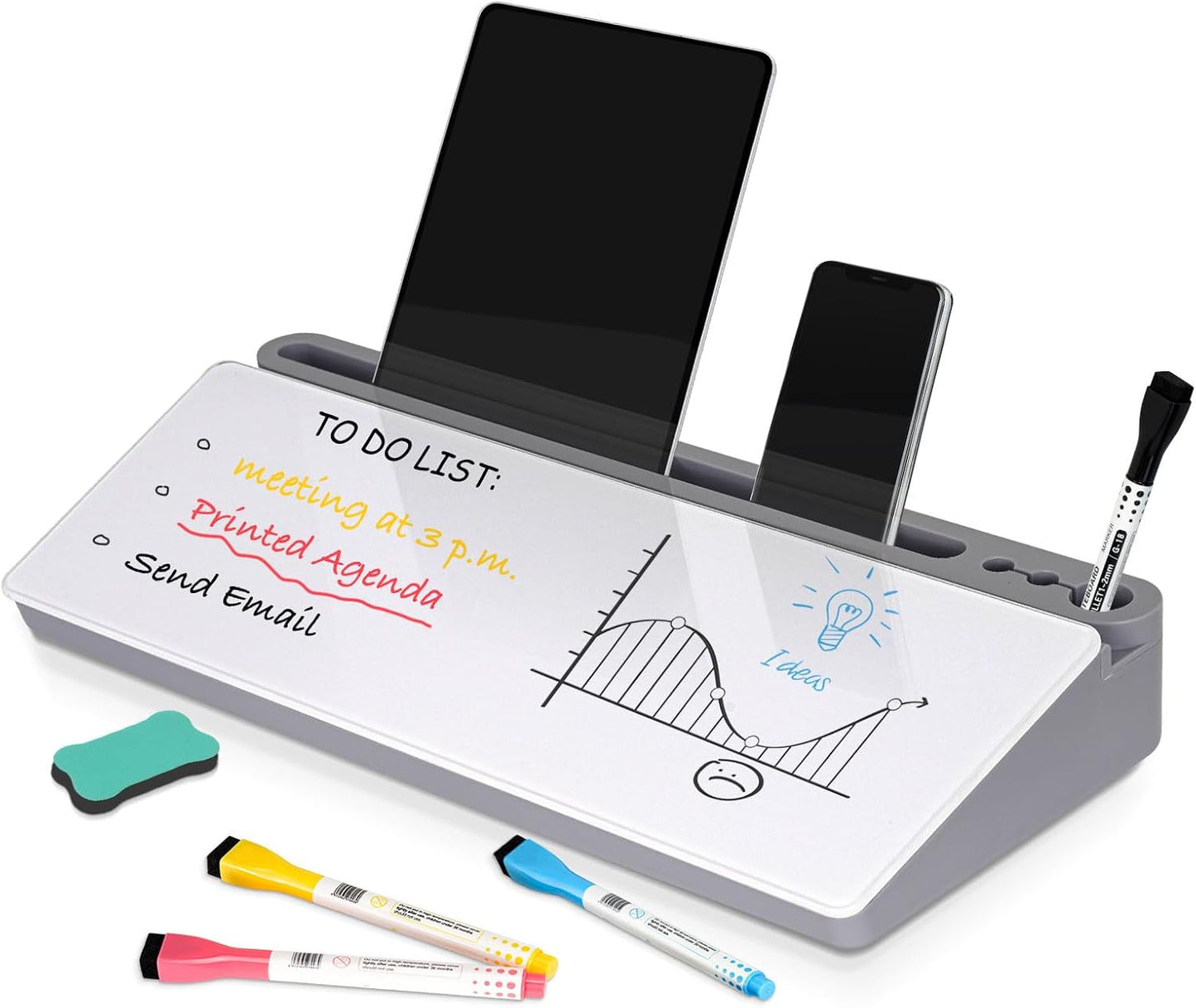 Glass Desk Whiteboard Small Dry Erase Board Desktop White Board with Storage Drawer Computer Keyboard Stand Desk Organizer Office Accessories School Supplies with 4 Markers 1 Eraser, Grey