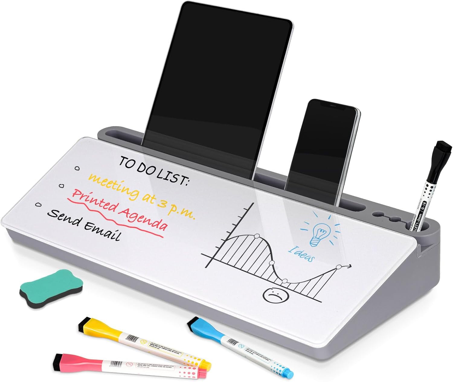 Glass Desk Whiteboard Small Dry Erase Board Desktop White Board with Storage Drawer Computer Keyboard Stand Desk Organizer Office Accessories School Supplies with 4 Markers 1 Eraser, Grey