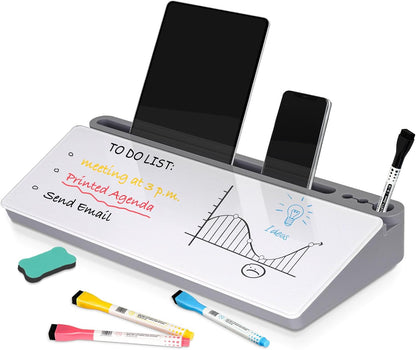 Glass Desk Whiteboard Small Dry Erase Board Desktop White Board with Storage Drawer Computer Keyboard Stand Desk Organizer Office Accessories School Supplies with 4 Markers 1 Eraser, Grey