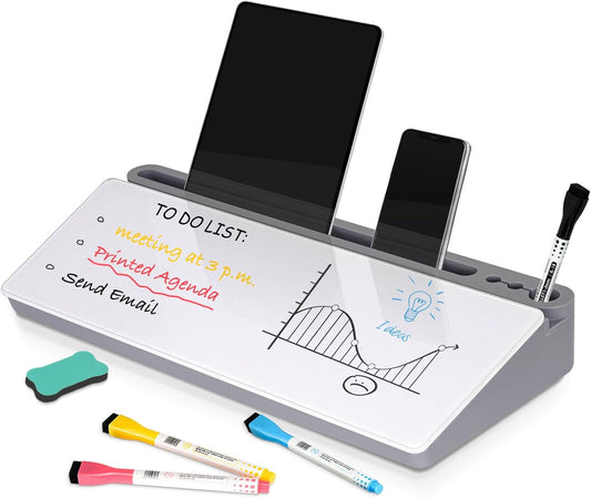 Glass Desk Whiteboard Small Dry Erase Board Desktop White Board with Storage Drawer Computer Keyboard Stand Desk Organizer Office Accessories School Supplies with 4 Markers 1 Eraser, Grey