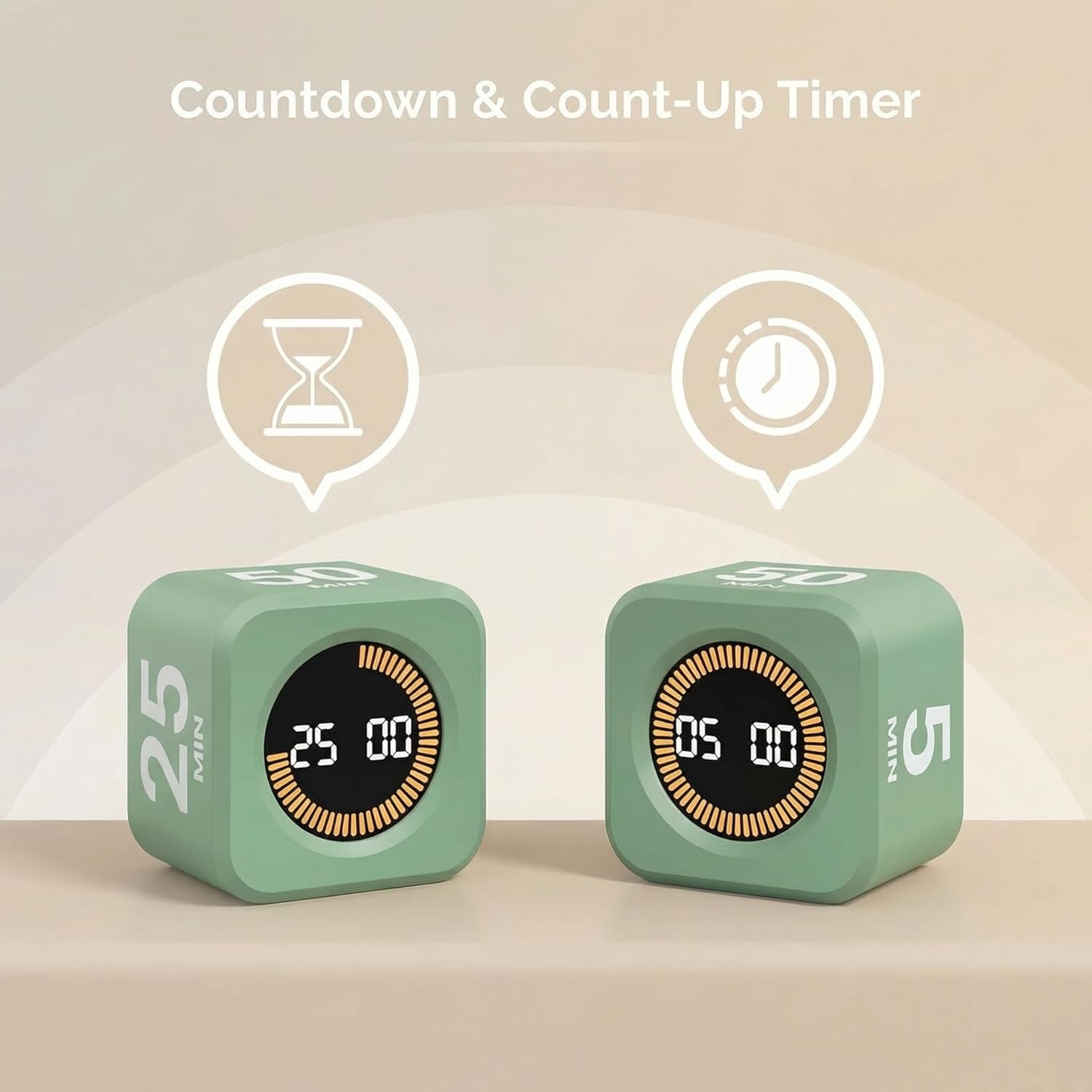 Pomodoro Cube Timer Productivity Visual Timer - 5/10/25/50 Min Rotating Countdown (1, Green)