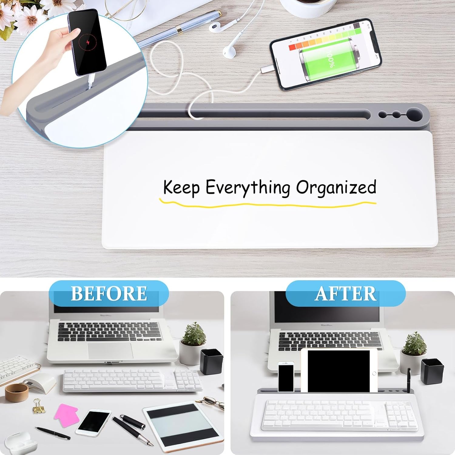 Glass Desk Whiteboard Small Dry Erase Board Desktop White Board with Storage Drawer Computer Keyboard Stand Desk Organizer Office Accessories School Supplies with 4 Markers 1 Eraser, Grey