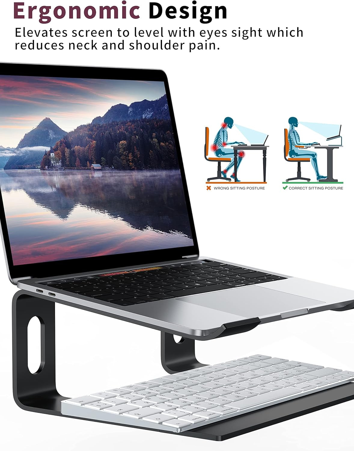 Laptop Stand for Desk, Aluminum Computer Riser, Ergonomic Notebook Holder, Detachable Metal Laptops Elevator, PC Cooling Mount Support 10 to 15.6 Inches Notebook, Black