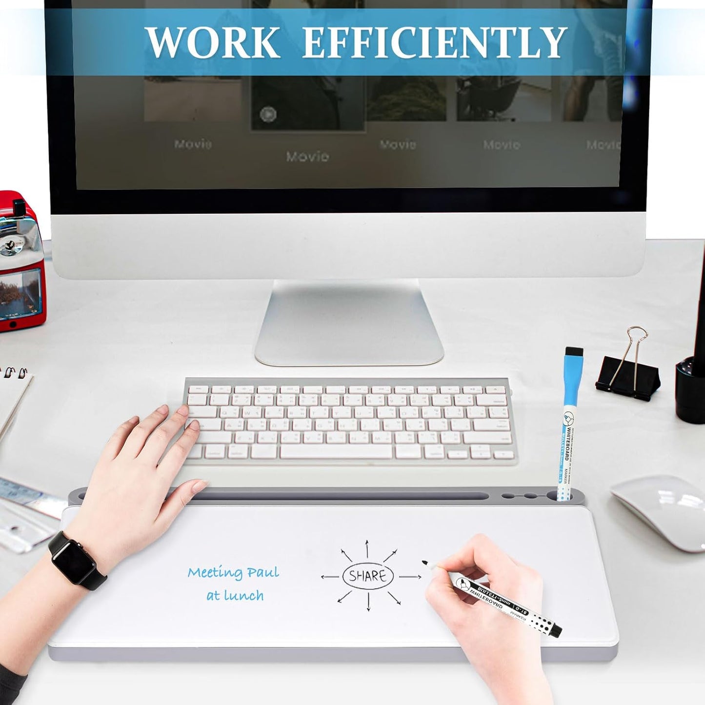 Glass Desk Whiteboard Small Dry Erase Board Desktop White Board with Storage Drawer Computer Keyboard Stand Desk Organizer Office Accessories School Supplies with 4 Markers 1 Eraser, Grey