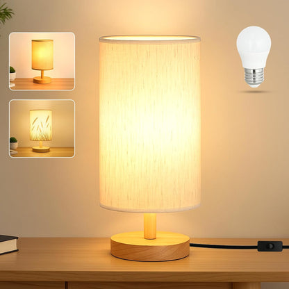 Desk Lamp LED Bulb Included, Small Bedside Table Lamp Plug-In - Classic Wood Base with Flaxen Fabric Shade, Lamps for Night Stands, Simple Nightstand Light for Bedroom, Office, Desk