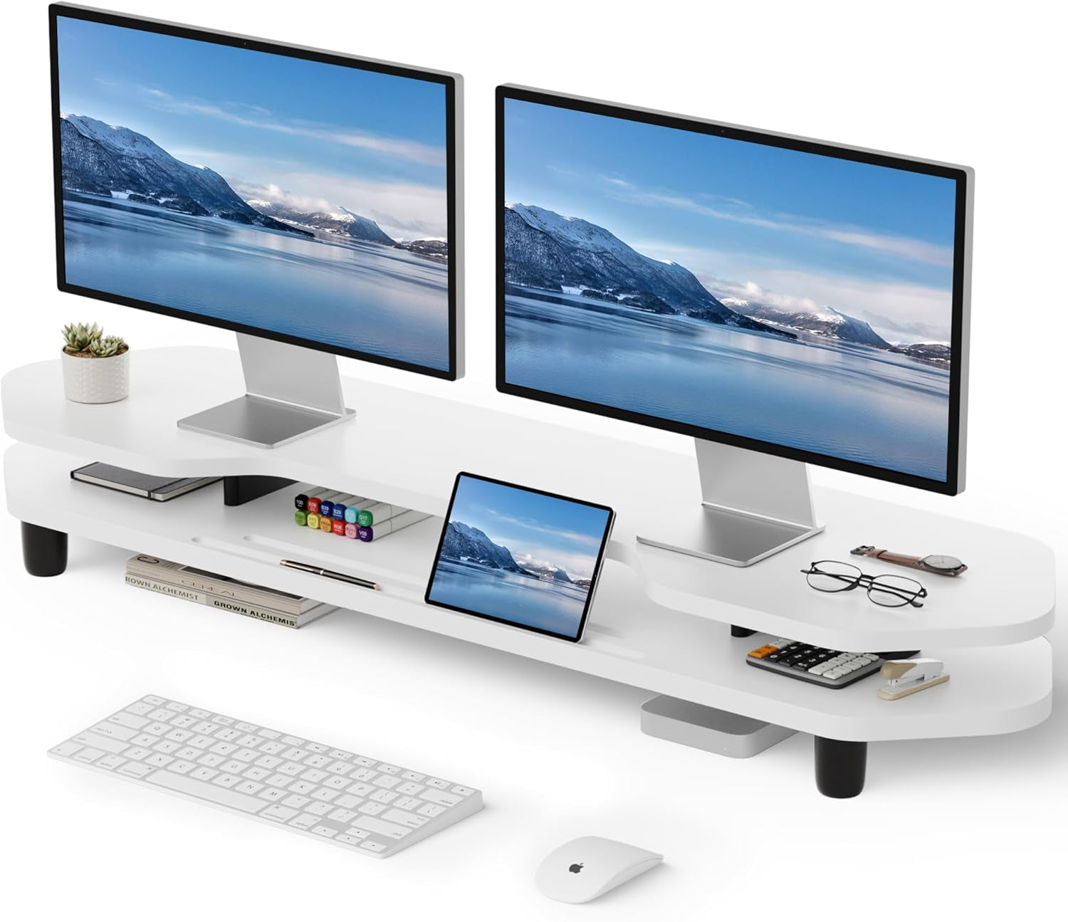 2 Tier Dual Monitor Stand Riser,Wider Board Computer Monitor Stand for 2 Monitors,Slot for Phone/Tablet Office Desktop Organizer for Laptop,Pc,Computer,Printer,White