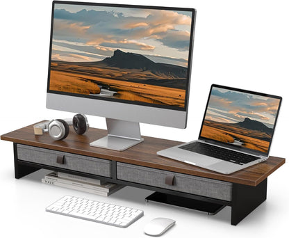 Monitor Stand with Drawer, 2 Tiers Dual Monitor Riser for Desk, 35 Inch Computer Stand for 2 Monitors, Desk Shelf for Home, Office, Laptop, PC, TV, Printer