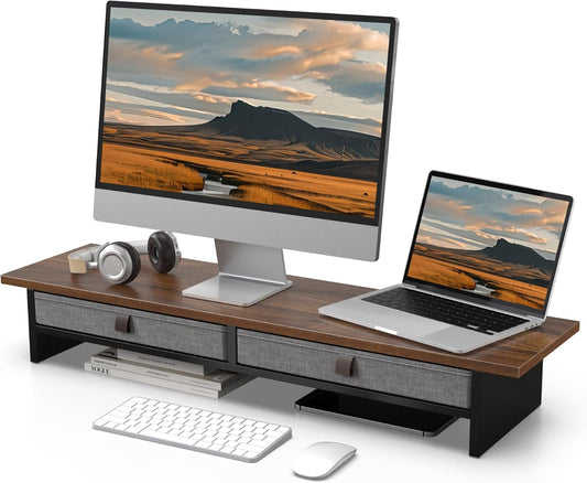 Monitor Stand with Drawer, 2 Tiers Dual Monitor Riser for Desk, 35 Inch Computer Stand for 2 Monitors, Desk Shelf for Home, Office, Laptop, PC, TV, Printer