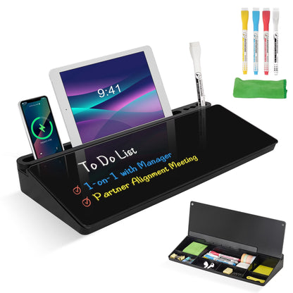 Deskboard Buddy Desk White Board with Computer Keyboard Stand, Desktop Glass Whiteboard with Storage, Black Dry Erase Board with Drawers for Home Office Desk Organizers with Accessories
