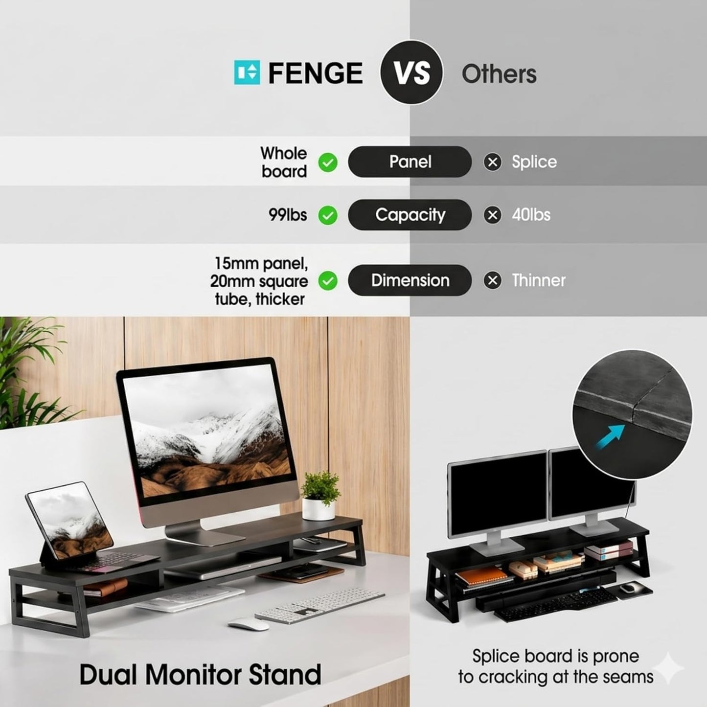 Dual Monitor Stand for Desk, 42.5In Large Monitor Riser for 2 Monitors, 2 Tier Computer Office Desk Top Shelf, Desktop Storage Stand for Laptop, PC, Computer, Printer