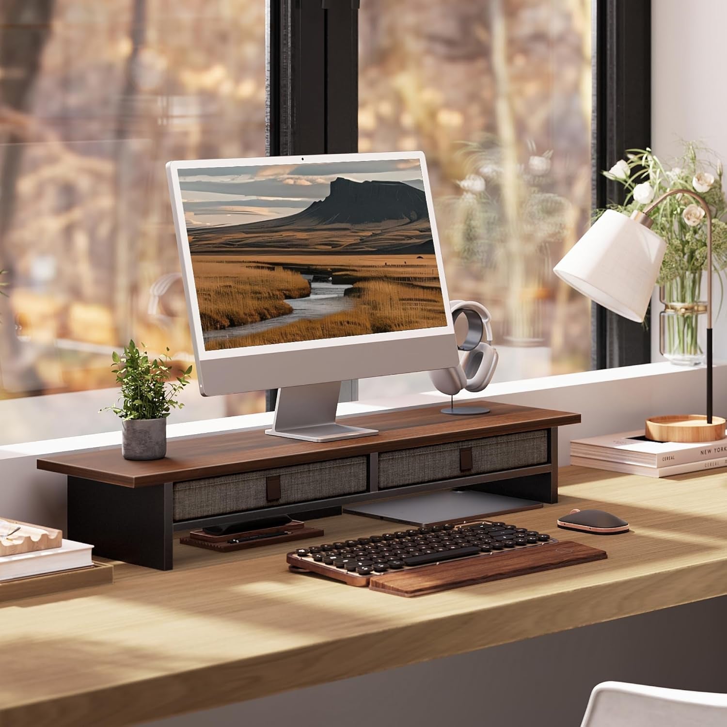 Monitor Stand with Drawer, 2 Tiers Dual Monitor Riser for Desk, 35 Inch Computer Stand for 2 Monitors, Desk Shelf for Home, Office, Laptop, PC, TV, Printer