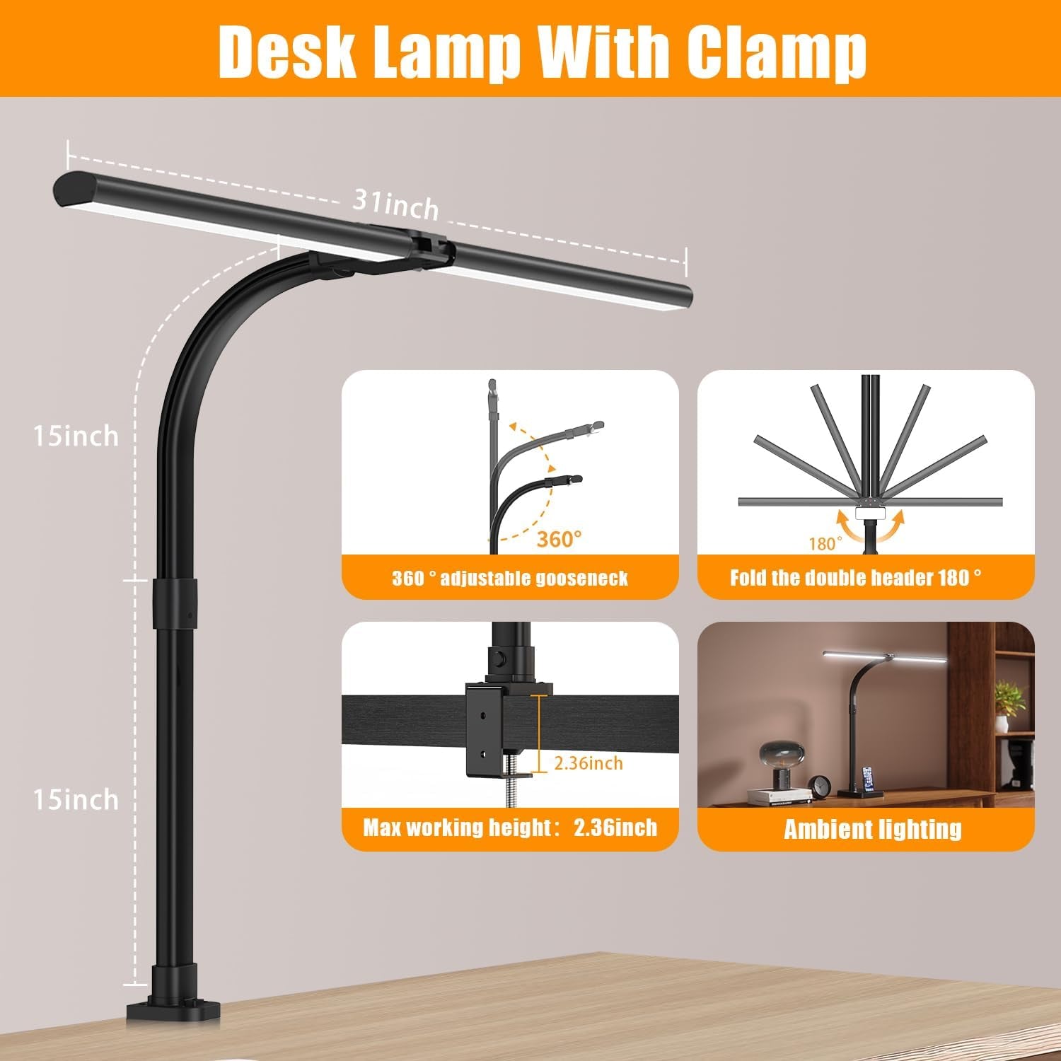 Professional LED Desk Lamp for Home Office, 24W Eye-Caring Adjustable Clamp Light with 5 Brightness Levels and 5 Color Temperatures, Flexible Gooseneck Design for Study and Workbench Use (Black)