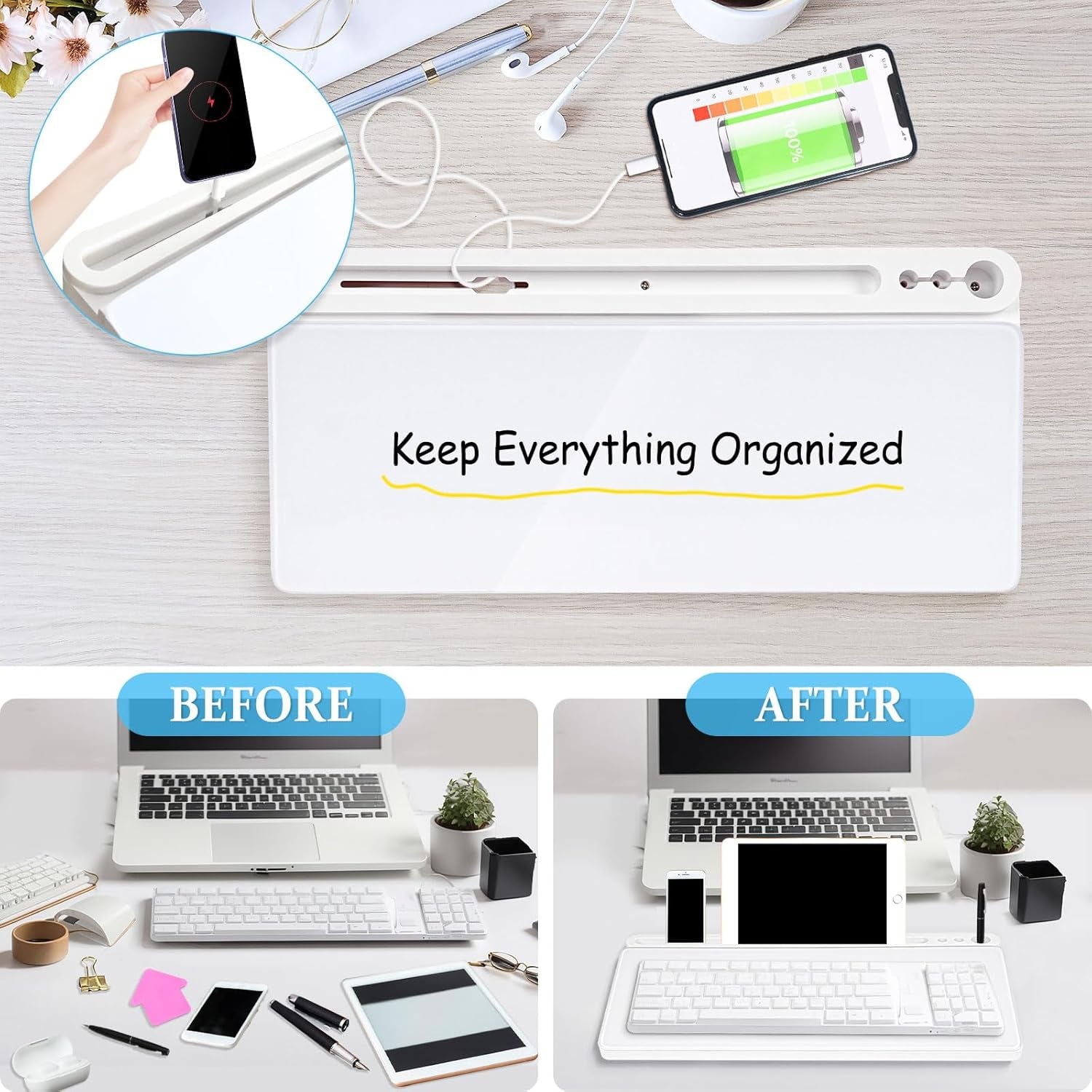 Glass Desk Whiteboard Small Dry Erase Board Desktop White Board with Storage Drawer Computer Keyboard Stand Desk Organizer Office Accessories Back to School Supplies with 4 Markers, White