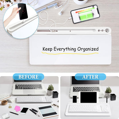 Glass Desk Whiteboard Small Dry Erase Board Desktop White Board with Storage Drawer Computer Keyboard Stand Desk Organizer Office Accessories Back to School Supplies with 4 Markers, White