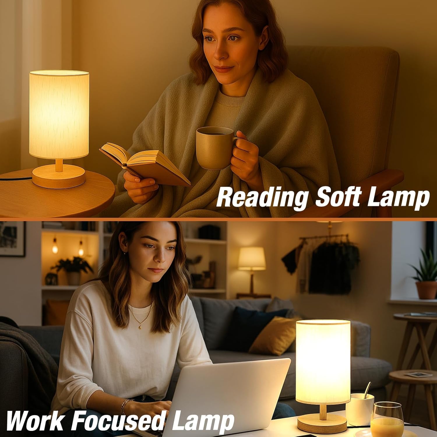 Desk Lamp LED Bulb Included, Small Bedside Table Lamp Plug-In - Classic Wood Base with Flaxen Fabric Shade, Lamps for Night Stands, Simple Nightstand Light for Bedroom, Office, Desk