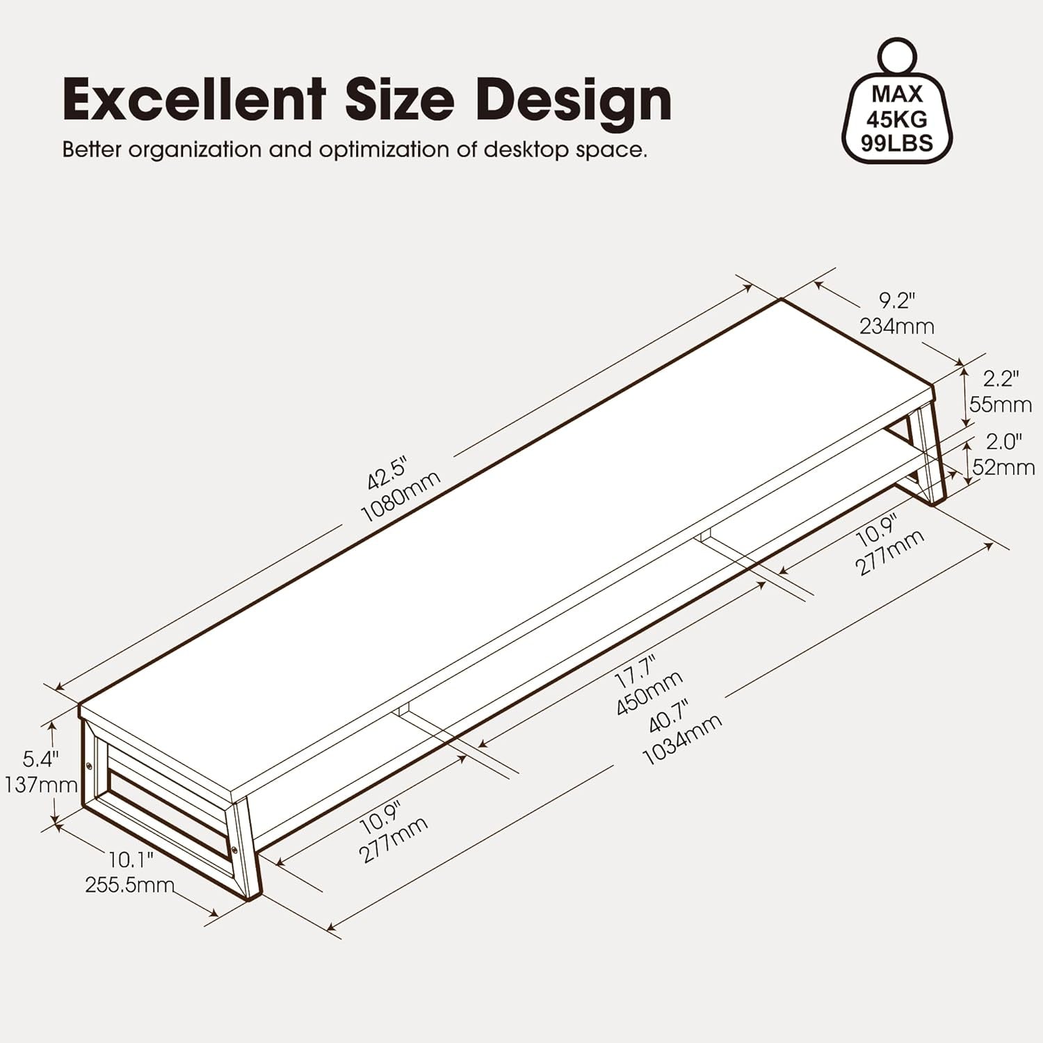 Dual Monitor Stand for Desk, 42.5In Large Monitor Riser for 2 Monitors, 2 Tier Computer Office Desk Top Shelf, Desktop Storage Stand for Laptop, PC, Computer, Printer