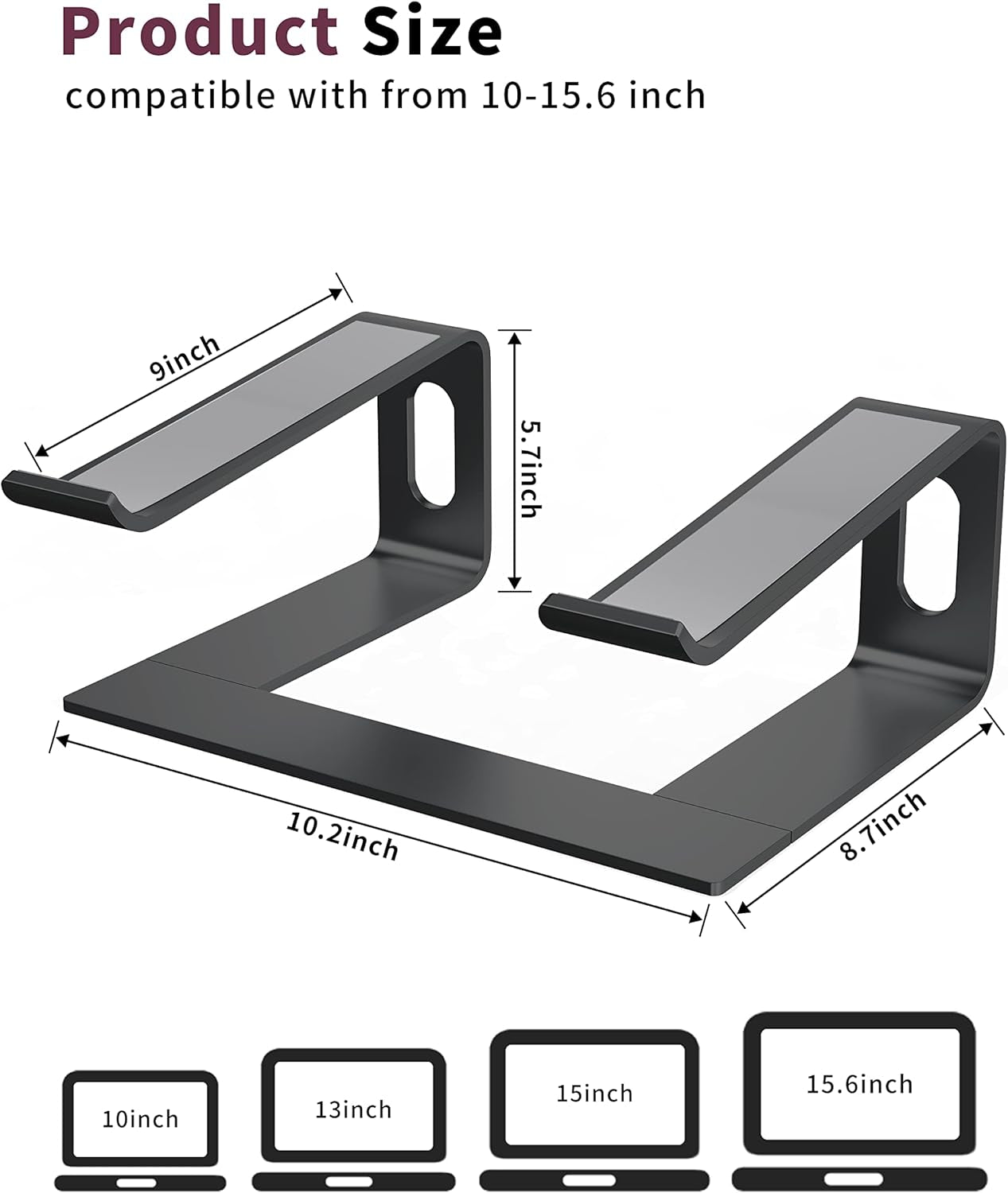 Laptop Stand for Desk, Aluminum Computer Riser, Ergonomic Notebook Holder, Detachable Metal Laptops Elevator, PC Cooling Mount Support 10 to 15.6 Inches Notebook, Black