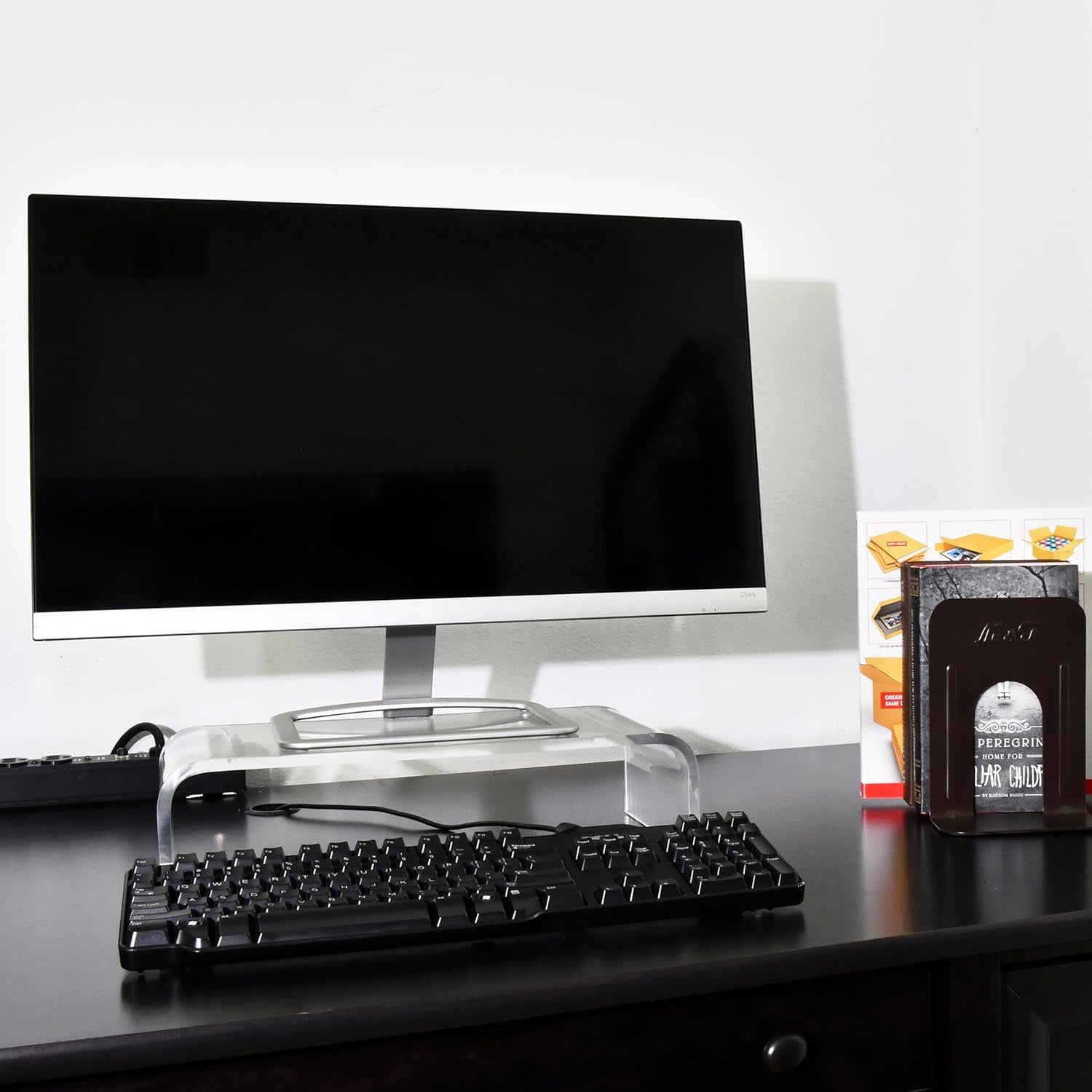 Acrylic Laptop Monitor Stand & Computer Riser with Cat Keyboard Protector, Space-Saving Design, Extra Storage, Clear Shelf - Ideal for Monitors, Laptops, Printers, Desktop Decor