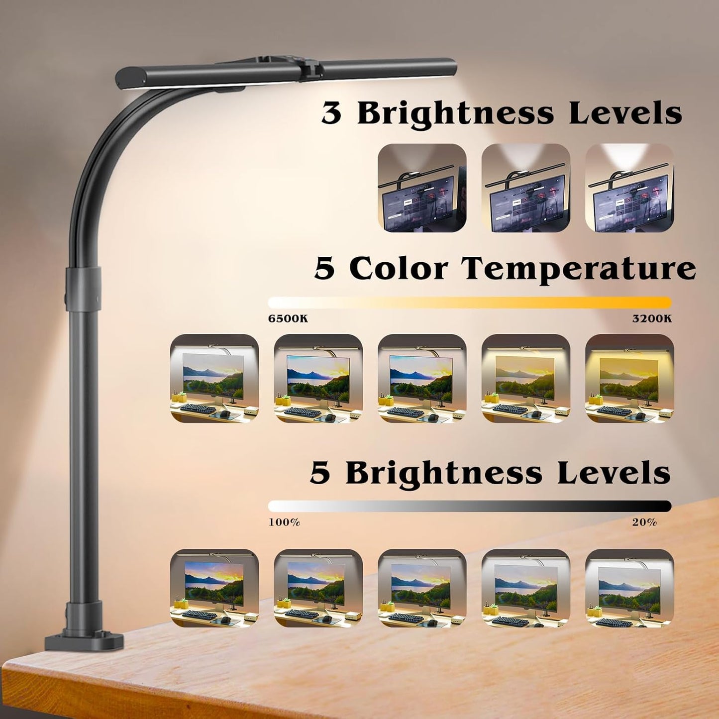 Professional LED Desk Lamp for Home Office, 24W Eye-Caring Adjustable Clamp Light with 5 Brightness Levels and 5 Color Temperatures, Flexible Gooseneck Design for Study and Workbench Use (Black)