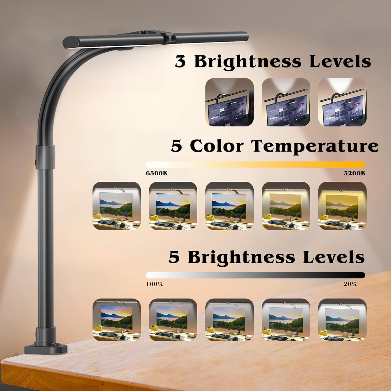 Professional LED Desk Lamp for Home Office, 24W Eye-Caring Adjustable Clamp Light with 5 Brightness Levels and 5 Color Temperatures, Flexible Gooseneck Design for Study and Workbench Use (Black)