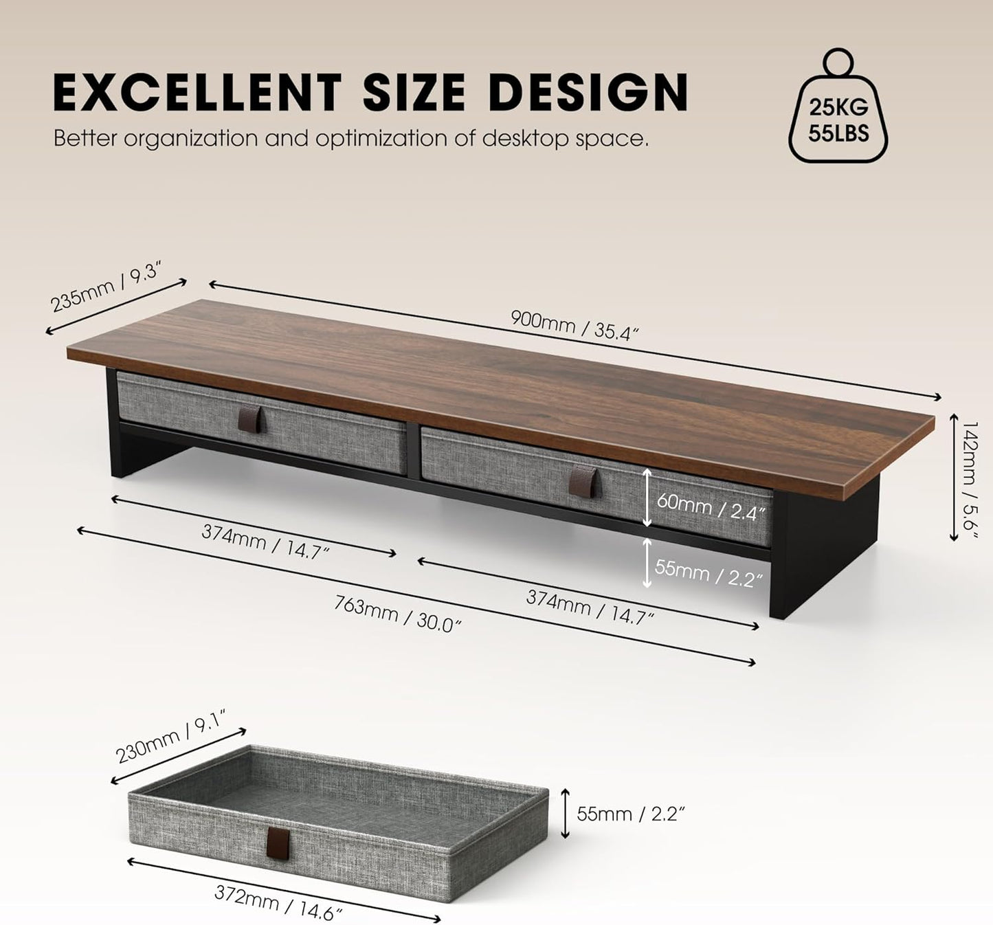 Monitor Stand with Drawer, 2 Tiers Dual Monitor Riser for Desk, 35 Inch Computer Stand for 2 Monitors, Desk Shelf for Home, Office, Laptop, PC, TV, Printer