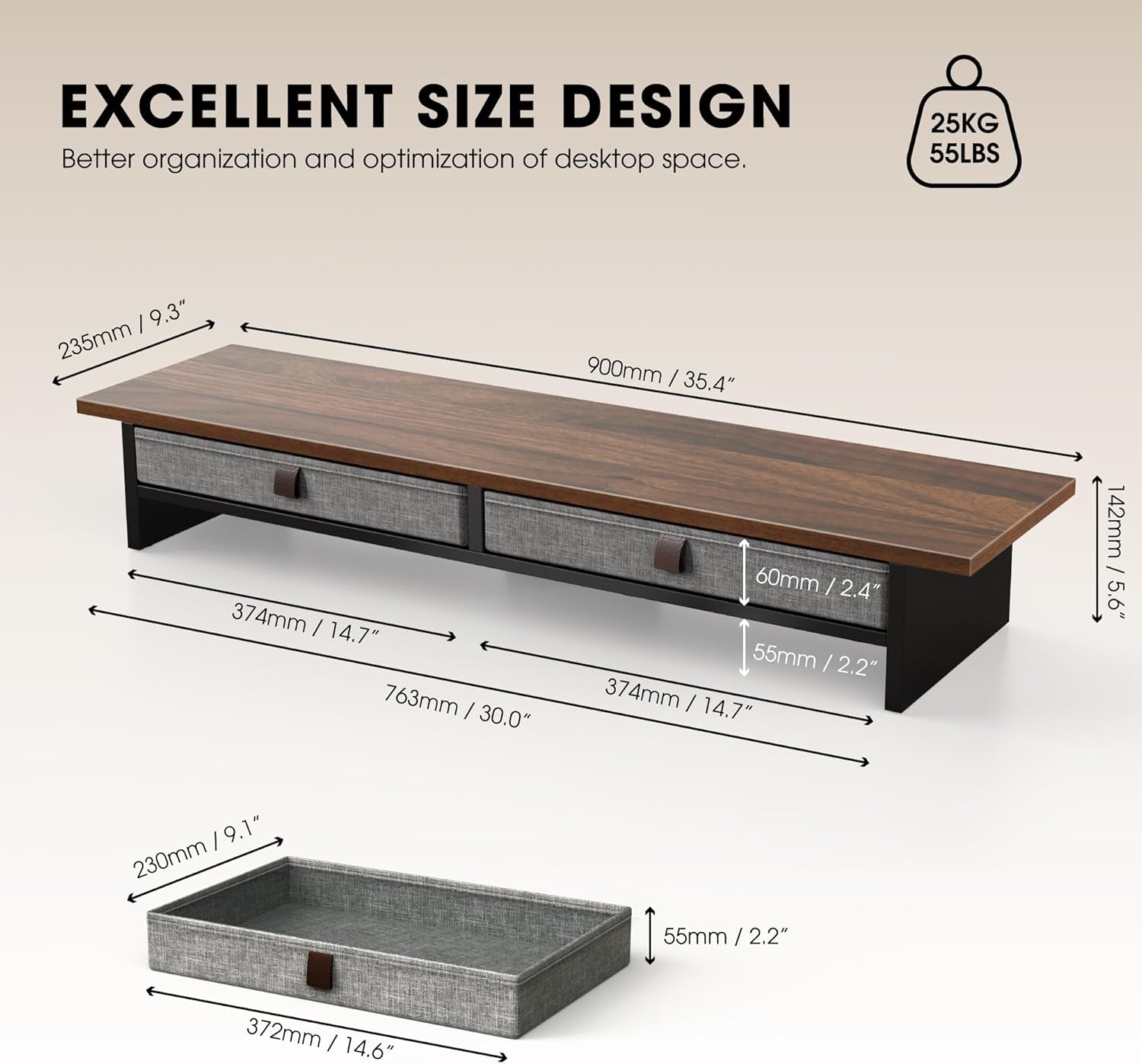 Monitor Stand with Drawer, 2 Tiers Dual Monitor Riser for Desk, 35 Inch Computer Stand for 2 Monitors, Desk Shelf for Home, Office, Laptop, PC, TV, Printer